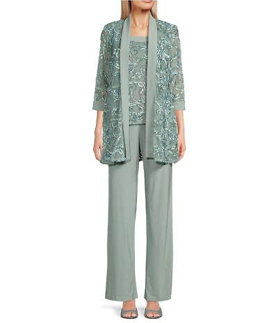 R & M Richards Embroidered Soutache Mesh Lace 3/4 Sleeve Scoop Neck 2-Piece Pant Set