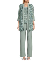 R & M Richards Embroidered Soutache Mesh Lace 3/4 Sleeve Scoop Neck 2-Piece Pant Set
