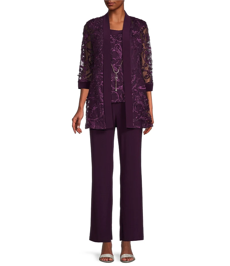 R & M Richards Embroidered Soutache Mesh Lace 3/4 Sleeve Scoop Neck 2-Piece Pant Set