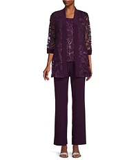 R & M Richards Embroidered Soutache Mesh Lace 3/4 Sleeve Scoop Neck 2-Piece Pant Set