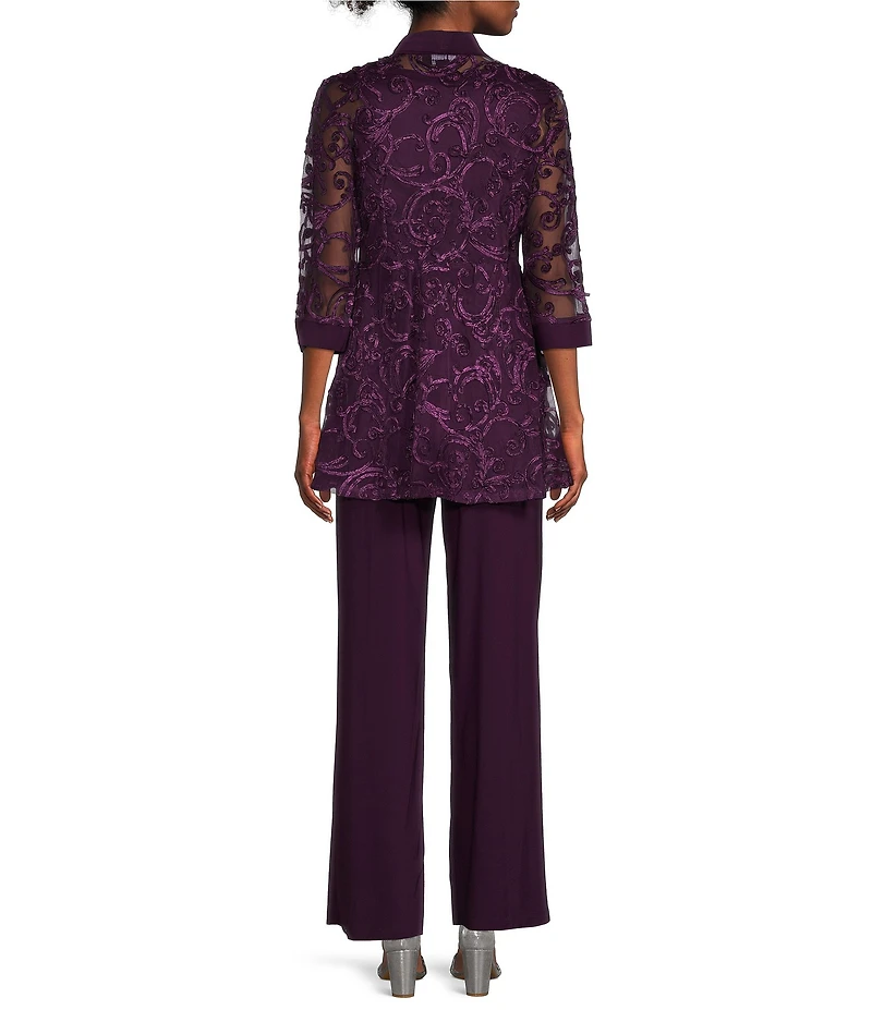 R & M Richards Embroidered Soutache Mesh Lace 3/4 Sleeve Scoop Neck 2-Piece Pant Set
