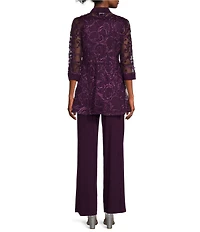 R & M Richards Embroidered Soutache Mesh Lace 3/4 Sleeve Scoop Neck 2-Piece Pant Set