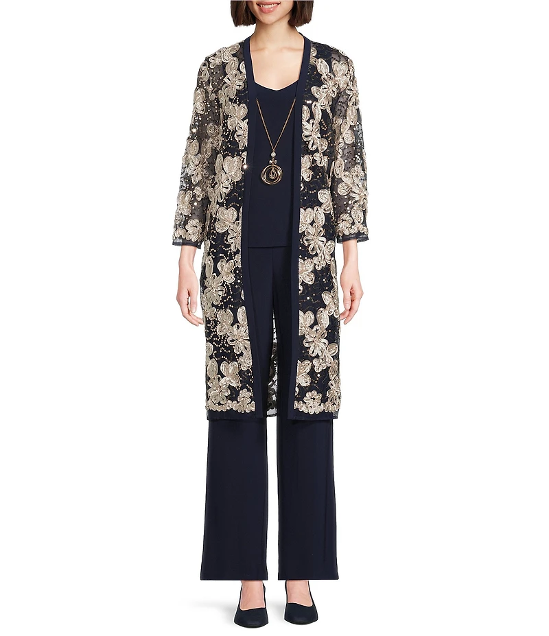 R & M Richards Embroidered Soutache Sequin Floral Mesh 3-Piece Pantsuit