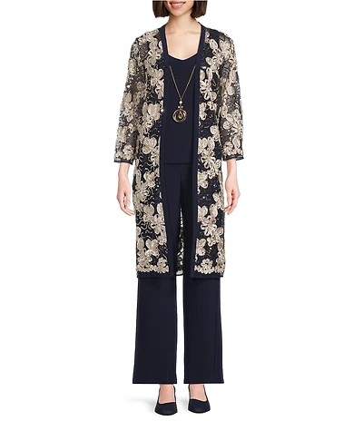 R & M Richards Embroidered Soutache Sequin Floral Mesh 3-Piece Pantsuit