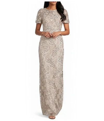 R & M Richards Embroidered Soutache Sequin Mesh Round Neck Short Sleeve Gown