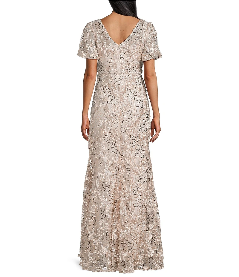 R & M Richards Embroidered Soutache Sequin Mesh Round Neck Short Sleeve Gown