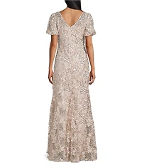 R & M Richards Embroidered Soutache Sequin Mesh Round Neck Short Sleeve Gown
