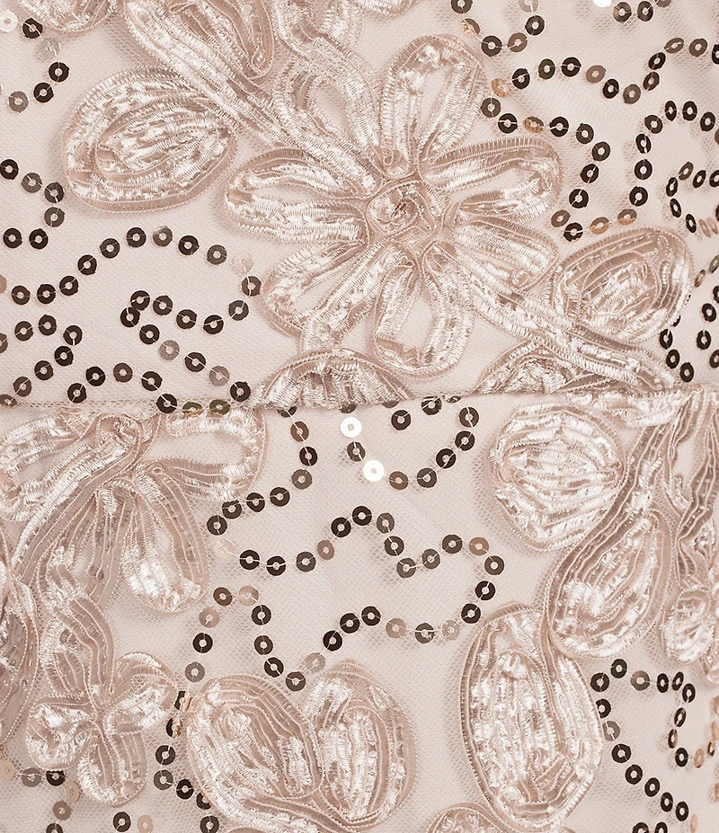 R & M Richards Embroidered Soutache Sequin Mesh Round Neck Short Sleeve Gown