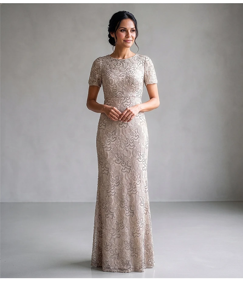 R & M Richards Embroidered Soutache Sequin Mesh Round Neck Short Sleeve Gown