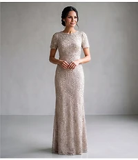 R & M Richards Embroidered Soutache Sequin Mesh Round Neck Short Sleeve Gown
