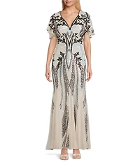 R & M Richards Embroidered Two Tone Sequin Flutter Sleeve Godet Skirt Empire Waist Gown