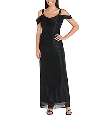 R & M Richards Festival Crinkle Cowl Neck Cold Shoulder Sleeve Metallic Gown