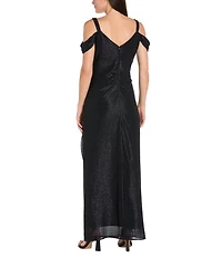 R & M Richards Festival Crinkle Cowl Neck Cold Shoulder Sleeve Metallic Gown
