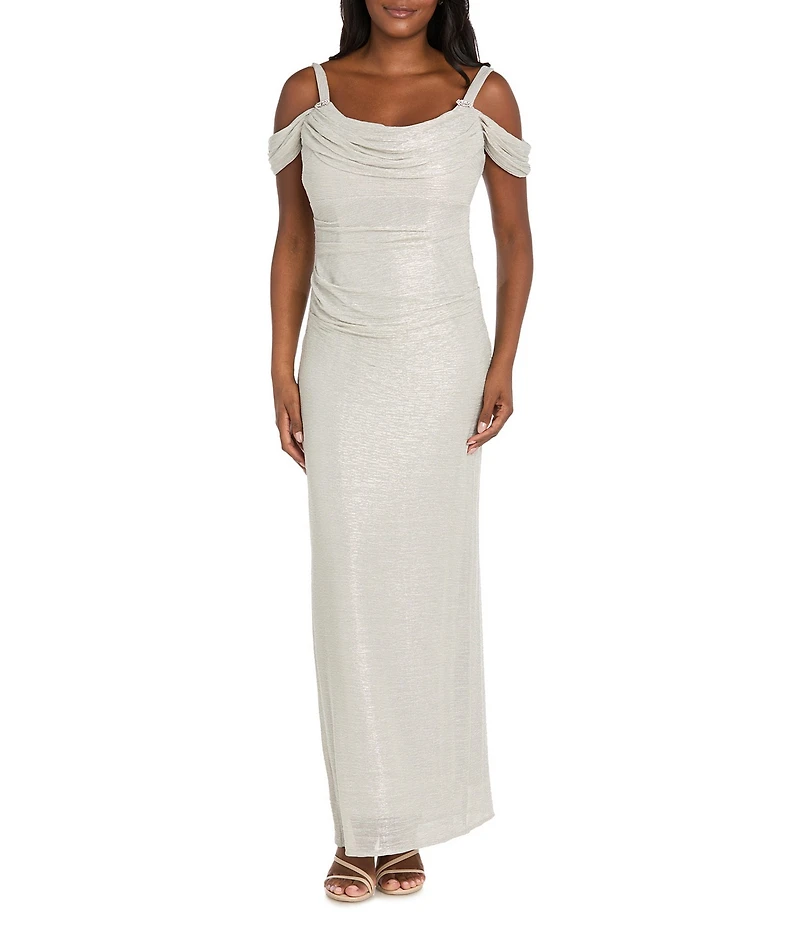 R & M Richards Festival Crinkle Cowl Neck Cold Shoulder Sleeve Metallic Gown