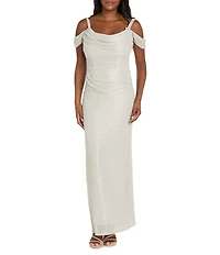 R & M Richards Festival Crinkle Cowl Neck Cold Shoulder Sleeve Metallic Gown