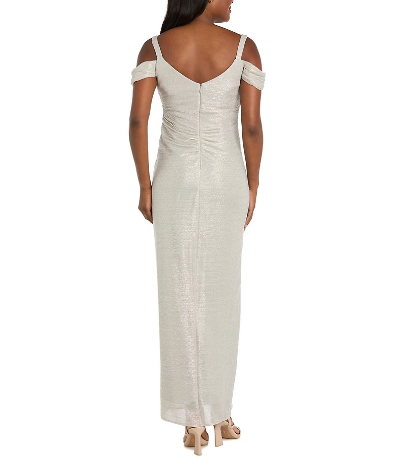 R & M Richards Festival Crinkle Cowl Neck Cold Shoulder Sleeve Metallic Gown