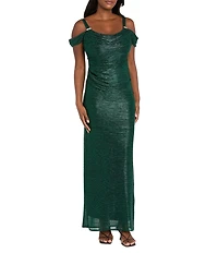 R & M Richards Festival Crinkle Cowl Neck Cold Shoulder Sleeve Metallic Gown