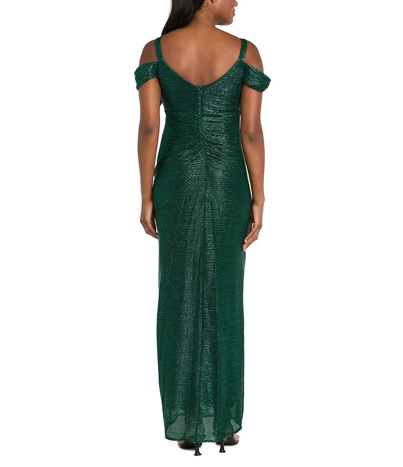 R & M Richards Festival Crinkle Cowl Neck Cold Shoulder Sleeve Metallic Gown