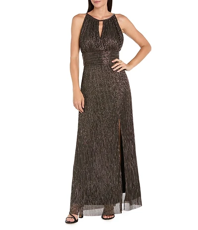 R & M Richards Festival Crinkle Metallic Halter Keyhole Neckline Sleeveless Pleated A-Line Dress