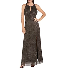 R & M Richards Festival Crinkle Metallic Halter Keyhole Neckline Sleeveless Pleated A-Line Dress