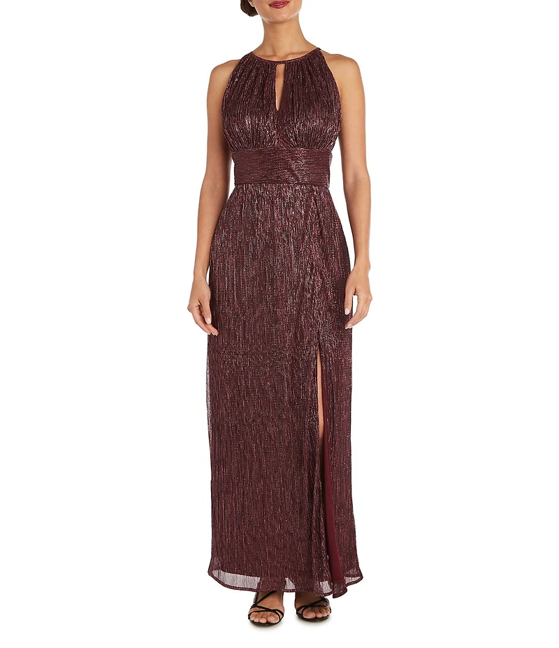 R & M Richards Festival Crinkle Metallic Halter Keyhole Neckline Sleeveless Pleated A-Line Dress