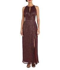 R & M Richards Festival Crinkle Metallic Halter Keyhole Neckline Sleeveless Pleated A-Line Dress
