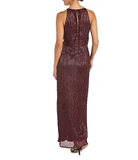 R & M Richards Festival Crinkle Metallic Halter Keyhole Neckline Sleeveless Pleated A-Line Dress
