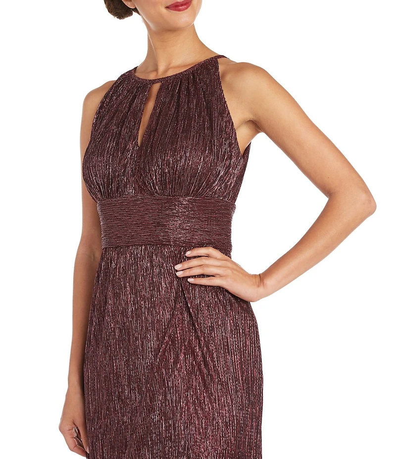 R & M Richards Festival Crinkle Metallic Halter Keyhole Neckline Sleeveless Pleated A-Line Dress