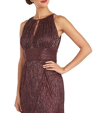 R & M Richards Festival Crinkle Metallic Halter Keyhole Neckline Sleeveless Pleated A-Line Dress