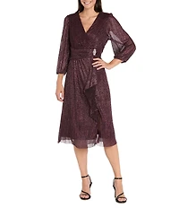R & M Richards Festival Crinkle V-Neck 3/4 Balloon Sleeve Metallic Wrap Midi Dress
