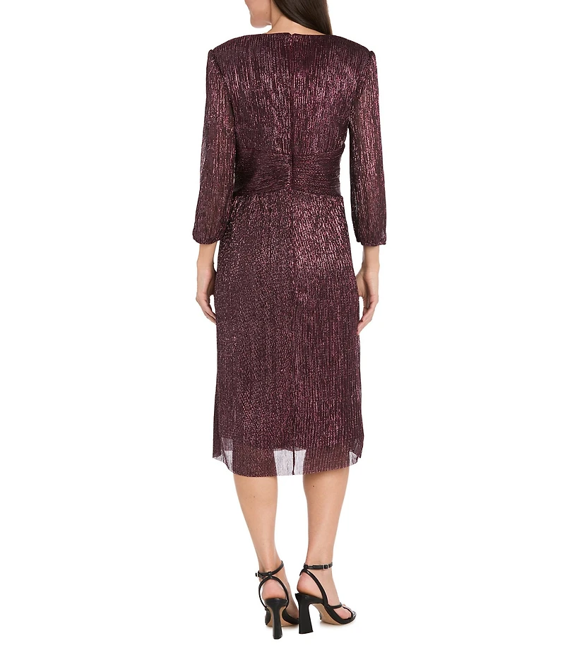 R & M Richards Festival Crinkle V-Neck 3/4 Balloon Sleeve Metallic Wrap Midi Dress