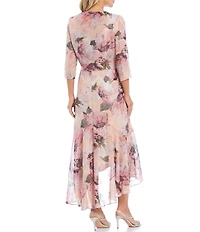 R & M Richards Floral Print Chiffon Bolero 3/4 Sleeve Asymmetrical Ruffle Hem 2-Piece Jacket Dress
