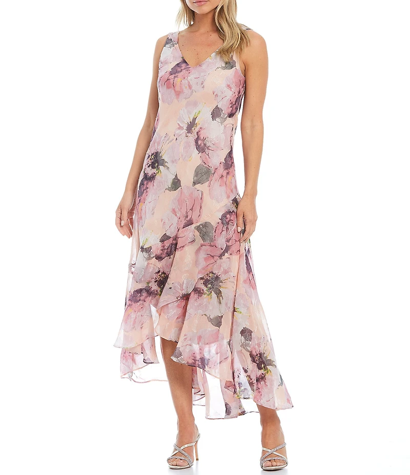 R & M Richards Floral Print Chiffon Bolero 3/4 Sleeve Asymmetrical Ruffle Hem 2-Piece Jacket Dress