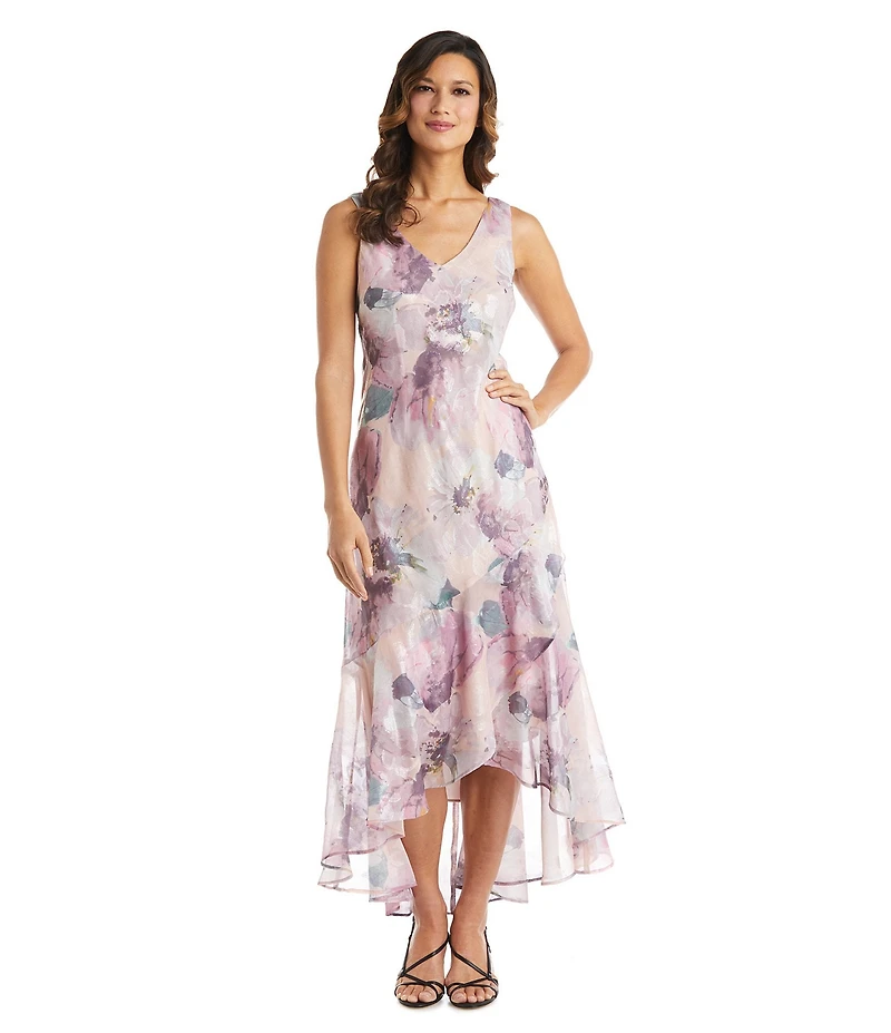 R & M Richards Floral Print Chiffon Bolero 3/4 Sleeve Asymmetrical Ruffle Hem 2-Piece Jacket Dress