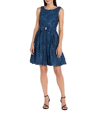 R & M Richards Floral Clip Jacquard Organza Sleeveless Bow Detail Bubble Hem Fit & Flare Dress
