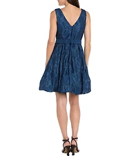 R & M Richards Floral Clip Jacquard Organza Sleeveless Bow Detail Bubble Hem Fit & Flare Dress