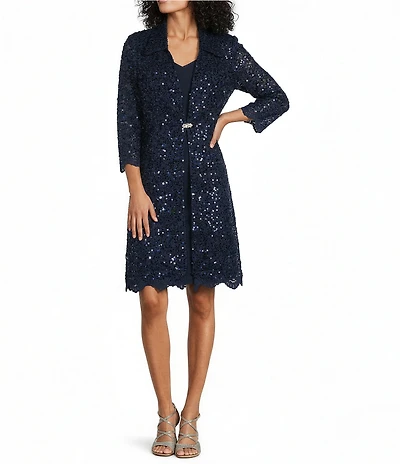 R & M Richards Floral Corded Sequin Scallop Lace Jacket Dress