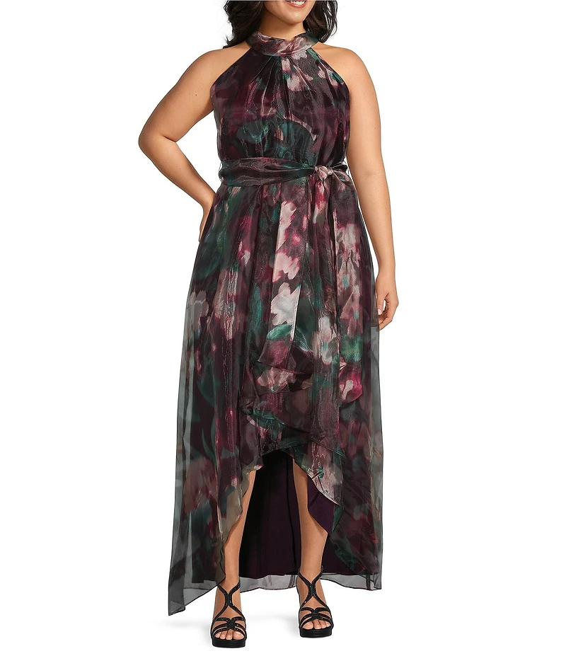 R & M Richards Floral Digital Print Sheer Organza Halter Neck Sleeveless Belted High Low Gown