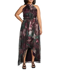 R & M Richards Floral Digital Print Sheer Organza Halter Neck Sleeveless Belted High Low Gown