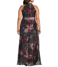 R & M Richards Floral Digital Print Sheer Organza Halter Neck Sleeveless Belted High Low Gown