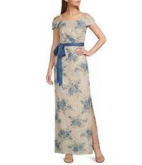 R & M Richards Floral Jacquard Lace Square Neck Off-The-Shoulder Sash Belt Gown