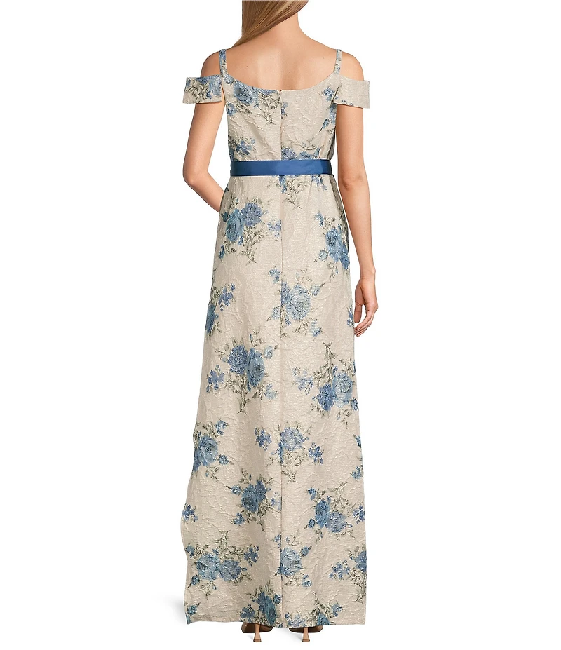 R & M Richards Floral Jacquard Lace Square Neck Off-The-Shoulder Sash Belt Gown
