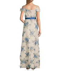 R & M Richards Floral Jacquard Lace Square Neck Off-The-Shoulder Sash Belt Gown