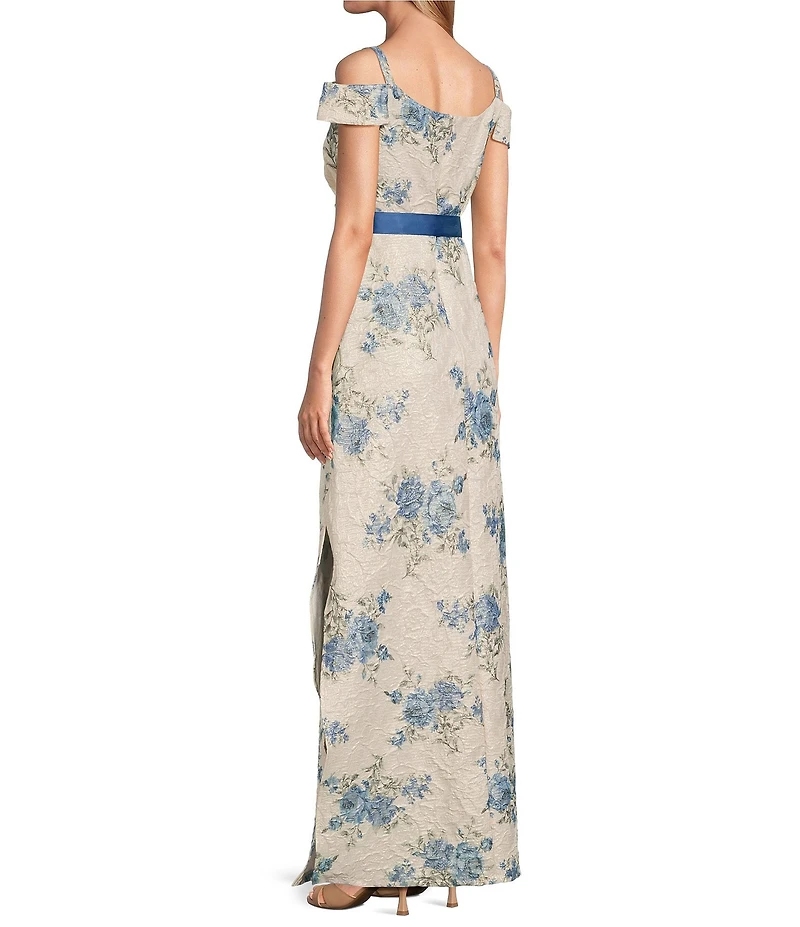 R & M Richards Floral Jacquard Lace Square Neck Off-The-Shoulder Sash Belt Gown