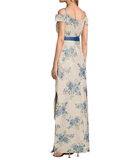 R & M Richards Floral Jacquard Lace Square Neck Off-The-Shoulder Sash Belt Gown