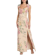 R & M Richards Floral Jacquard Long Lace Sweetheart Neck Side Slit Side Button Embellishment Gown