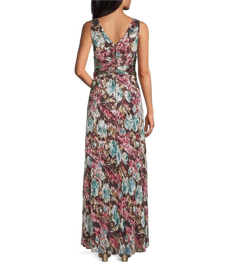 R & M Richards Floral Metallic Crinkle V-Neck Sleeveless Pleated Gown