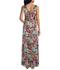 R & M Richards Floral Metallic Crinkle V-Neck Sleeveless Pleated Gown