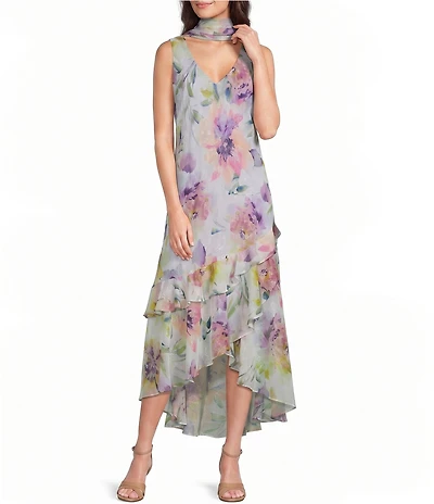 R & M Richards Floral Print Asymmetric Skirt Chiffon Midi Dress