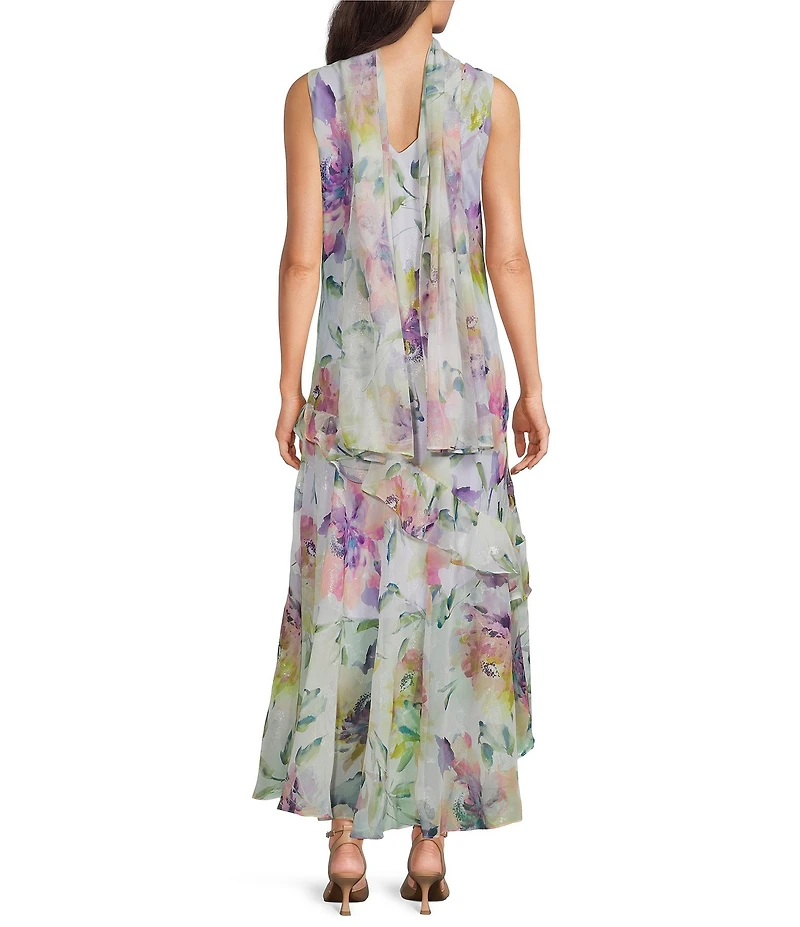 R & M Richards Floral Print Asymmetric Skirt Chiffon Midi Dress